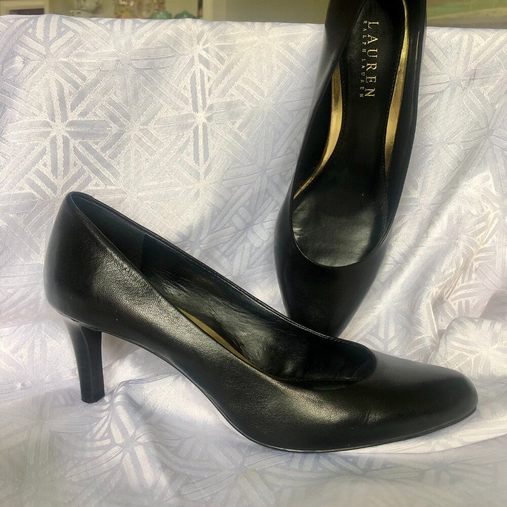 Ralph Lauren Harper Black Genuine Leather Pumps 8 - Picture 2 of 9